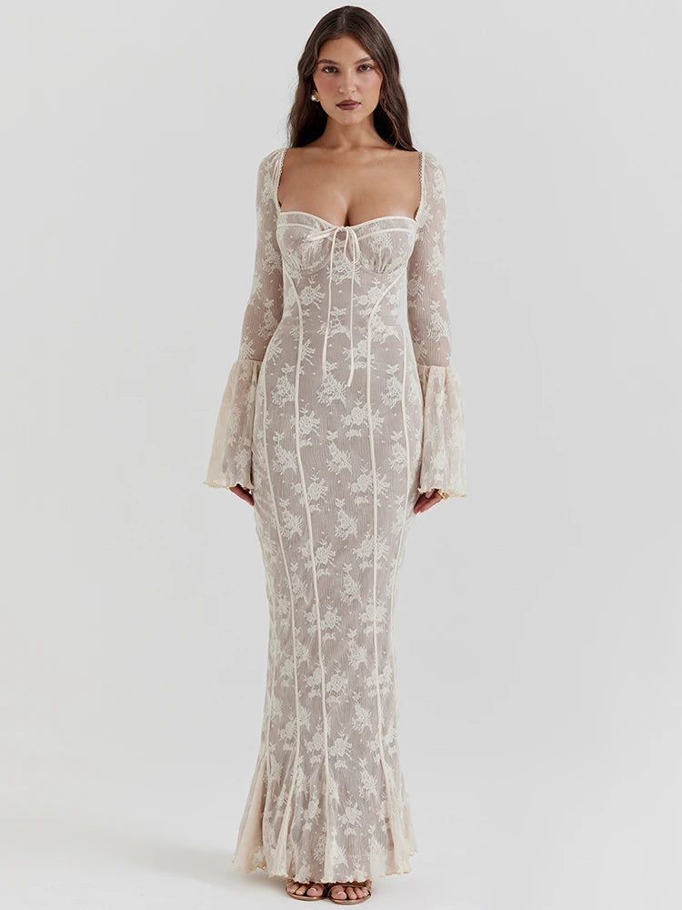 Lace Print Long Flare Sleeve Sexy Maxi Dress For Women Fashion Square Collar Backless Bodycon Club Party Sexy Dress