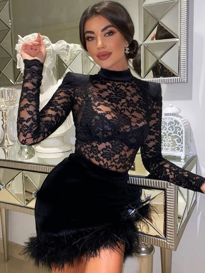 FashionSierra - Lace Print See Through Half High Collar Mini Dress Lace Dress