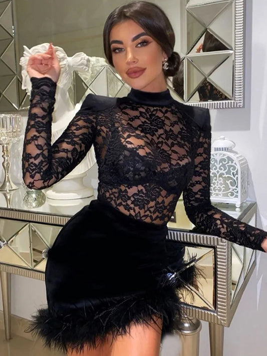 FashionSierra - Lace Print See Through Half High Collar Mini Dress Lace Dress