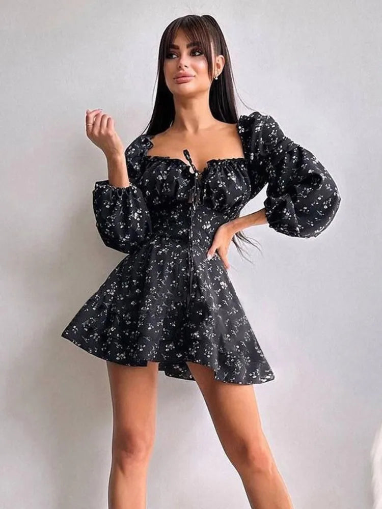 Long Puff Sleeve Floral Dress Wmen Autumn Winter Square Collar Backless Dress Female Fashion Elegant Dresses New