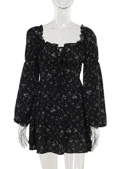 Long Puff Sleeve Floral Dress Wmen Autumn Winter Square Collar Backless Dress Female Fashion Elegant Dresses New
