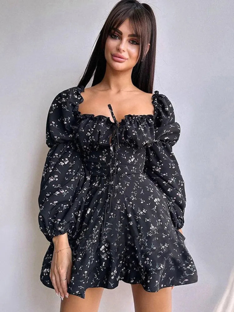 Long Puff Sleeve Floral Dress Wmen Autumn Winter Square Collar Backless Dress Female Fashion Elegant Dresses New