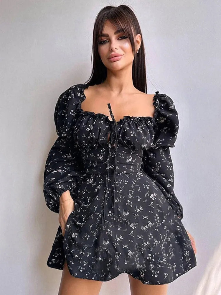 Long Puff Sleeve Floral Dress Wmen Autumn Winter Square Collar Backless Dress Female Fashion Elegant Dresses New