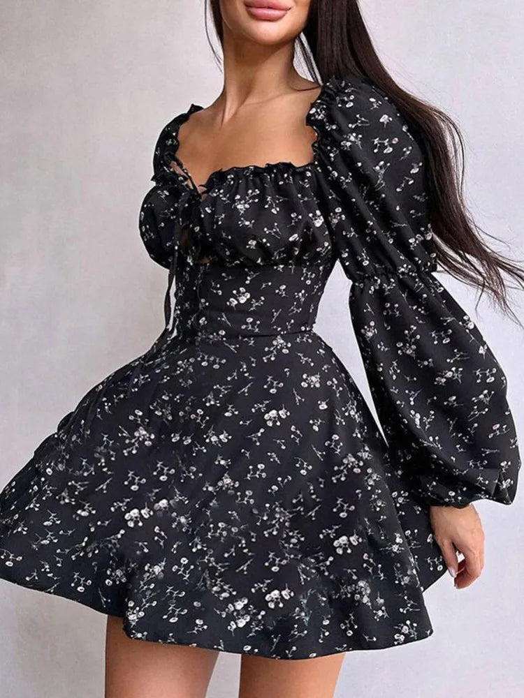Long Puff Sleeve Floral Dress Wmen Autumn Winter Square Collar Backless Dress Female Fashion Elegant Dresses New