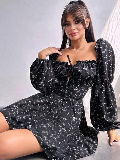 Long Puff Sleeve Floral Dress Wmen Autumn Winter Square Collar Backless Dress Female Fashion Elegant Dresses New