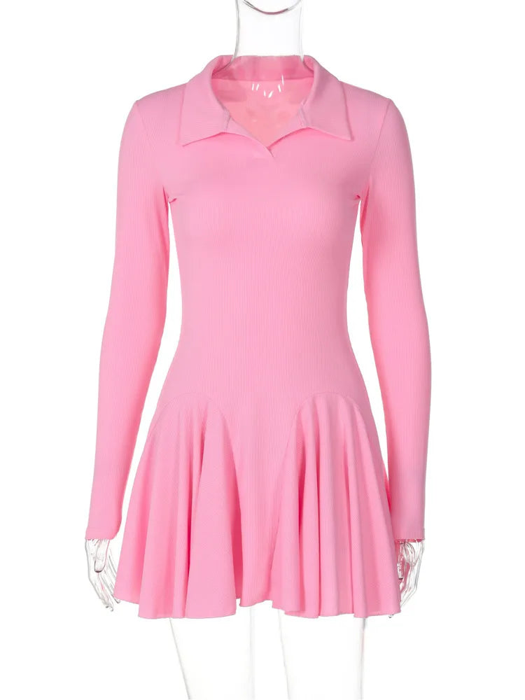 Long Sleeve Pleated Knit Mini Dress For Women Robe Autumn Winter New Lapel High Waist Knitted Sweater Dress Elegant