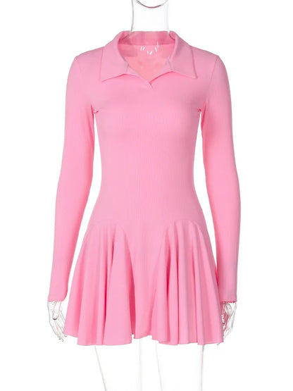 Long Sleeve Pleated Knit Mini Dress For Women Robe Autumn Winter New Lapel High Waist Knitted Sweater Dress Elegant