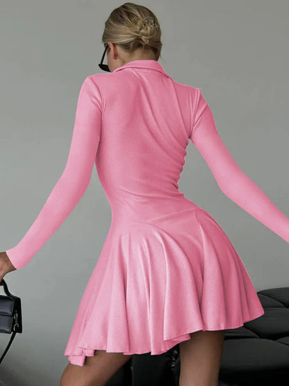 Long Sleeve Pleated Knit Mini Dress For Women Robe Autumn Winter New Lapel High Waist Knitted Sweater Dress Elegant