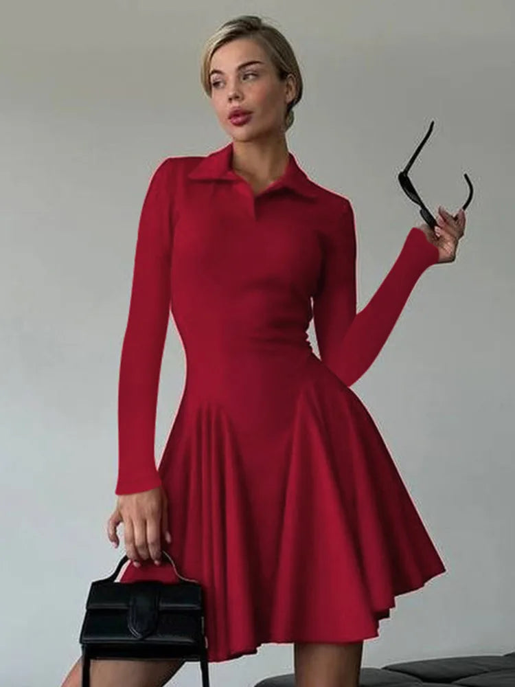 Long Sleeve Pleated Knit Mini Dress For Women Robe Autumn Winter New Lapel High Waist Knitted Sweater Dress Elegant