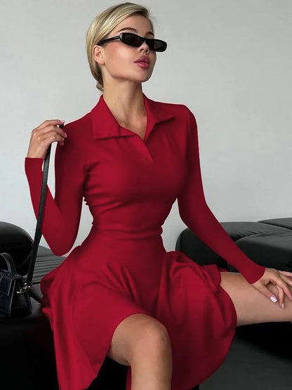 Long Sleeve Pleated Knit Mini Dress For Women Robe Autumn Winter New Lapel High Waist Knitted Sweater Dress Elegant
