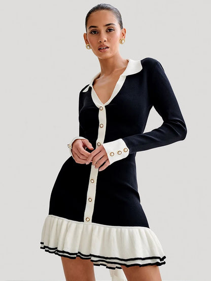 Long Sleeve Ruffled Knit Mini Dress For Women Autumn New V Neck Pearl Single-breasted Bow Bandage Knitted Dress Elegant