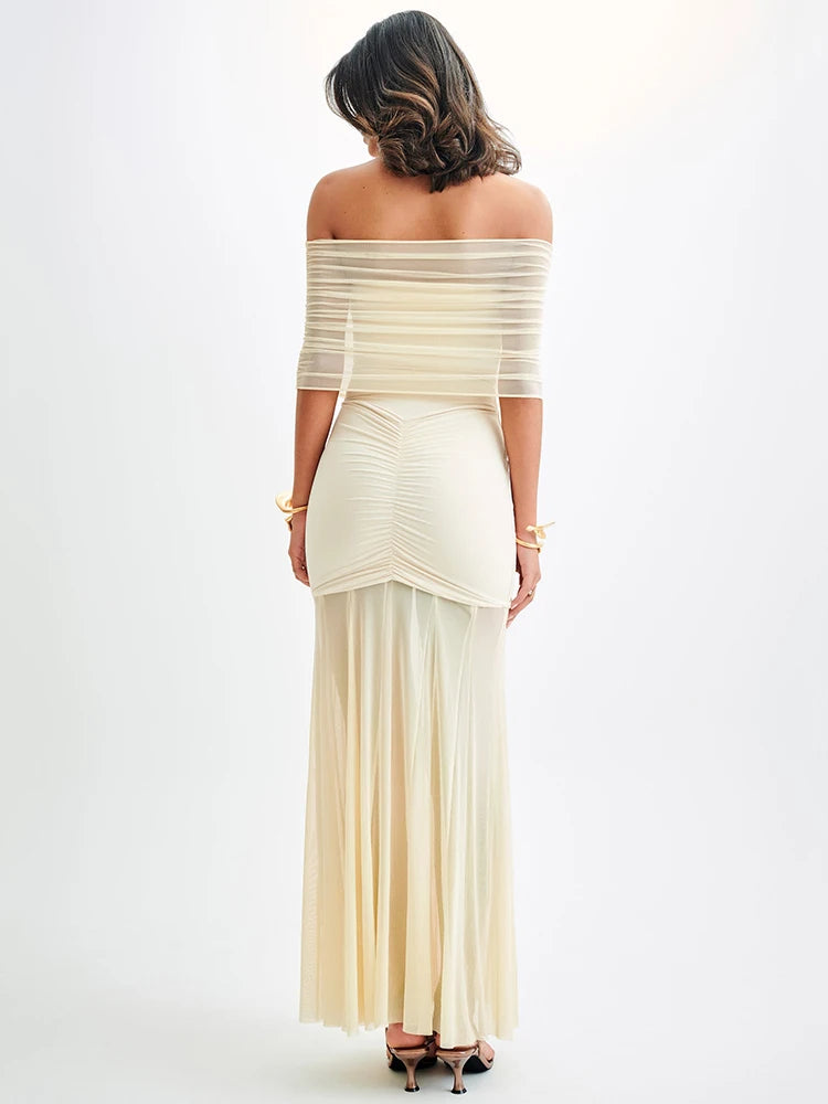 Off-shoulder Backless Sexy Maxi Dress For Women Gown Fashion Mesh Strapless Sleeveless Bodycon Long Dress Elegant
