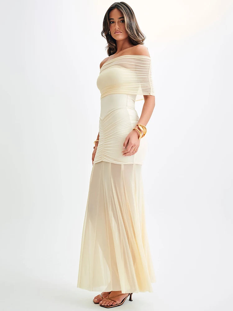 Off-shoulder Backless Sexy Maxi Dress For Women Gown Fashion Mesh Strapless Sleeveless Bodycon Long Dress Elegant