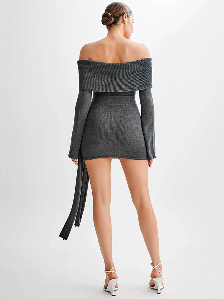 Off-shoulder Knit Mini Dress For Women Autumn Winter New Strapless Backless Long Sleeve Ruched Draped Knitted Dress
