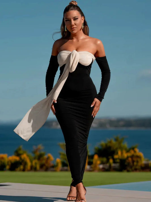 Patchwork Off-shoulder Sexy Maxi Dress For Women Gown Contrast Color Strapless Long Sleeve Bodycon Sexy Long Dress