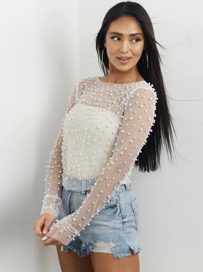 Pearl Mesh See Through T-shirt Long Sleeve Pullover Ladies Summer U Neck Sexy Tee Shirt Tops Blouse