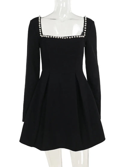 Pearl Square Collar Long Sleeve Mini Dress For Women Robe Backless A-line Dress Ladies Autumn Fall Elegant Dresses