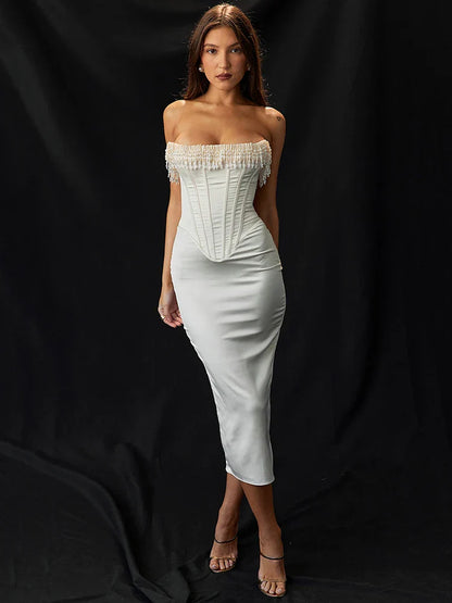 FashionSierra - Pearl Tassel Fashion Off-shoulder Backless Bodycon Club Lace Dress