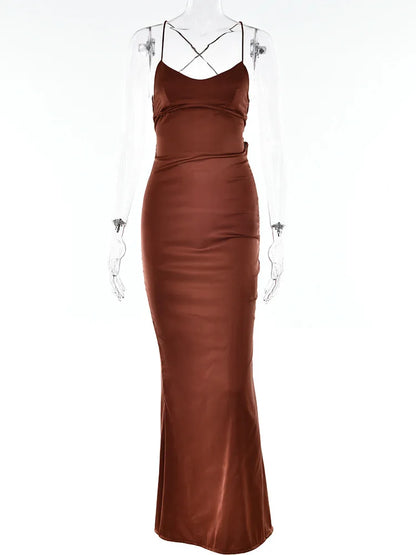 Satin Backless Maxi Dress For Women 2025 Autumn New Spaghetti Strap Sleeveless Bodycon Long Dress Vestido Clubwear