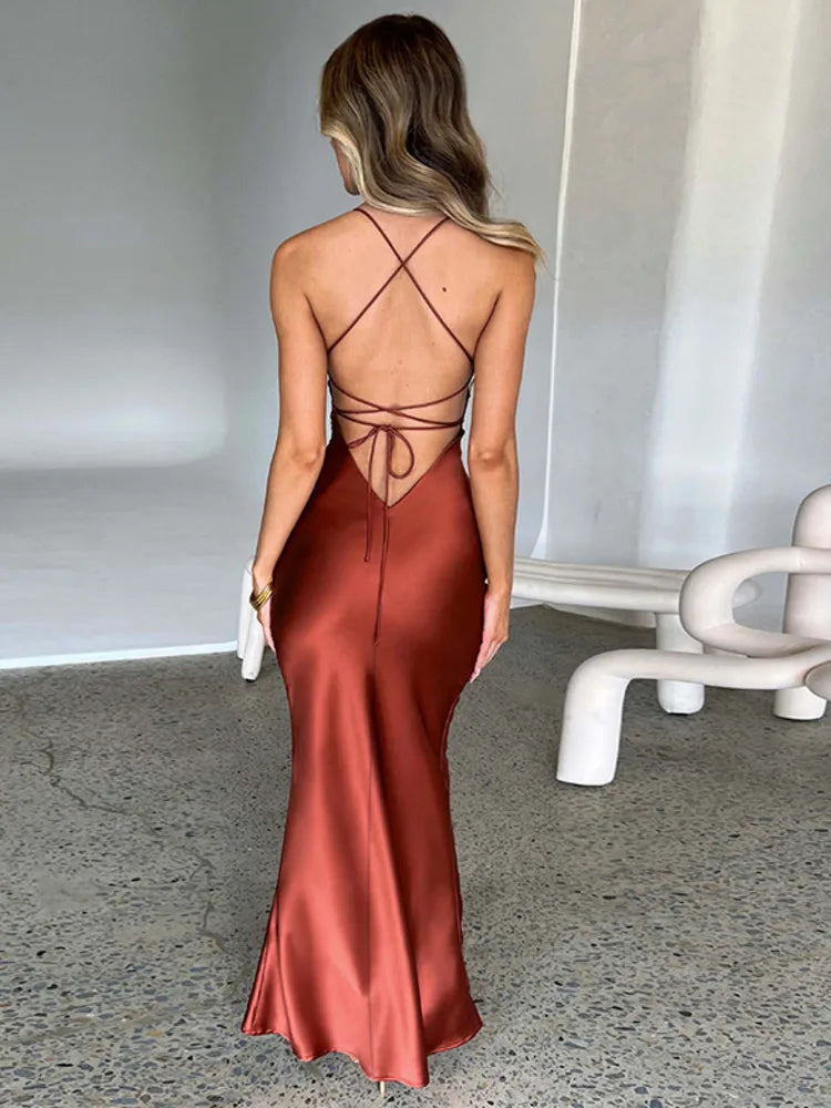 Satin Backless Maxi Dress For Women 2025 Autumn New Spaghetti Strap Sleeveless Bodycon Long Dress Vestido Clubwear