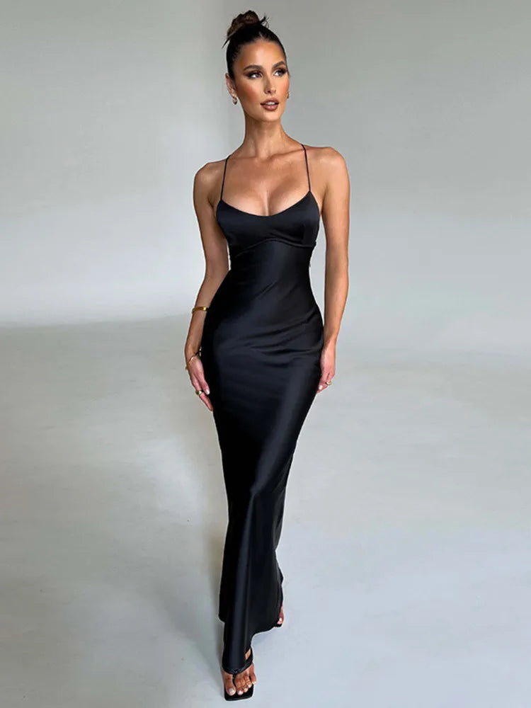Satin Backless Maxi Dress For Women 2025 Autumn New Spaghetti Strap Sleeveless Bodycon Long Dress Vestido Clubwear