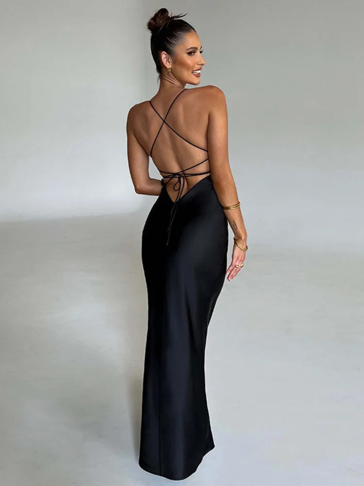Satin Backless Maxi Dress For Women 2025 Autumn New Spaghetti Strap Sleeveless Bodycon Long Dress Vestido Clubwear