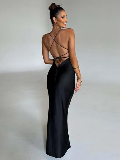 Satin Backless Maxi Dress For Women 2025 Autumn New Spaghetti Strap Sleeveless Bodycon Long Dress Vestido Clubwear