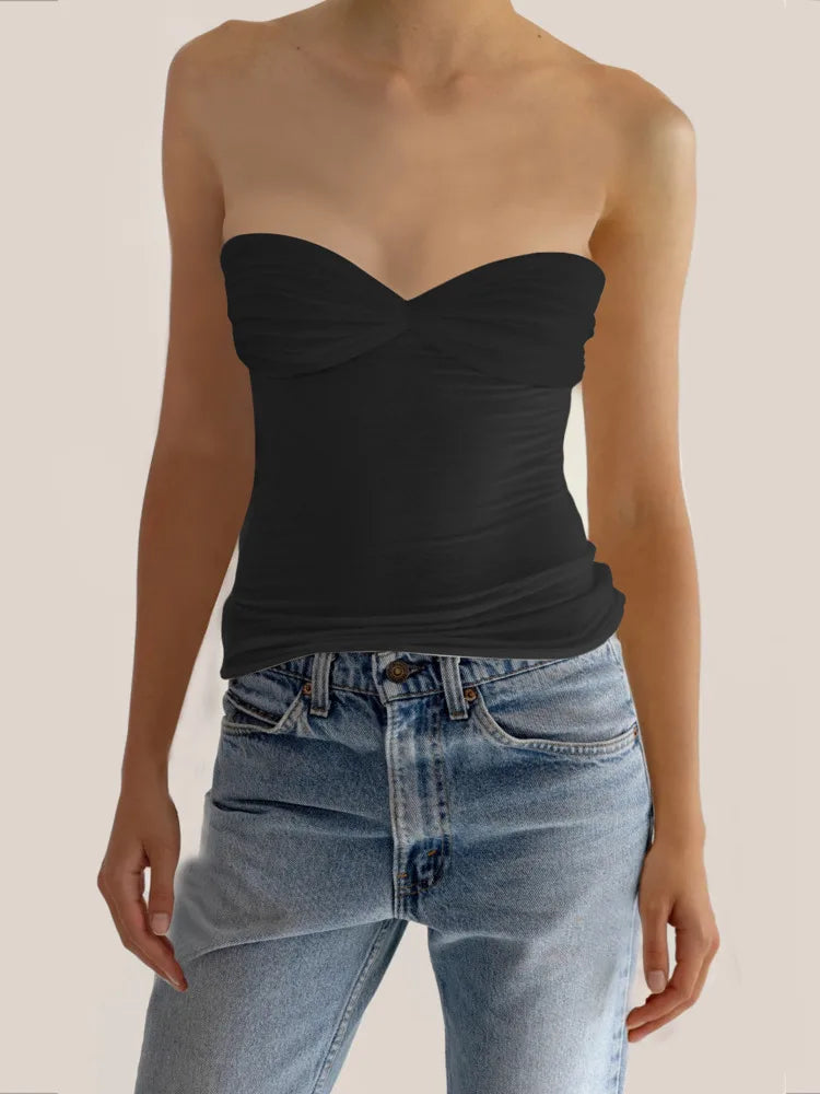 See Through Mesh Strapless Bustier Off-shoulder Sleeveless Knit Cropped Cami Top