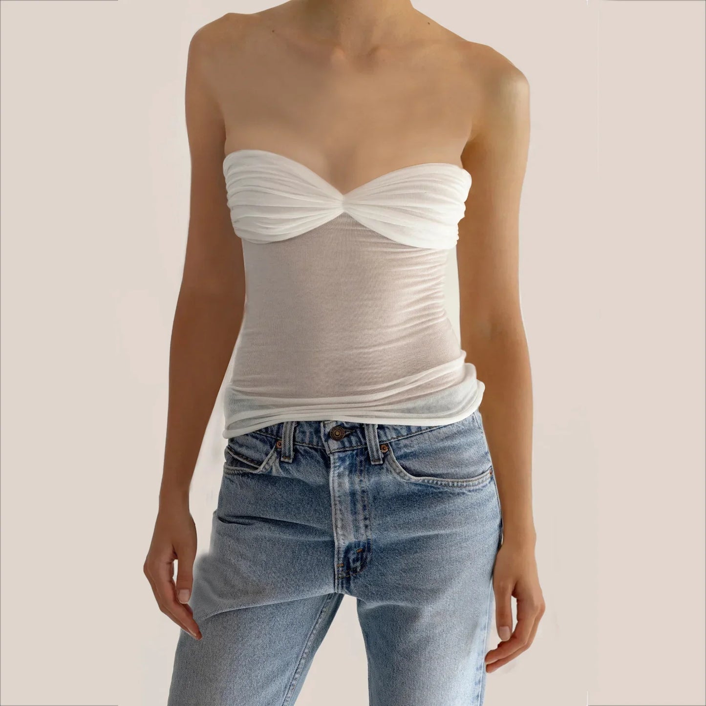 See Through Mesh Strapless Bustier Off-shoulder Sleeveless Knit Cropped Cami Top
