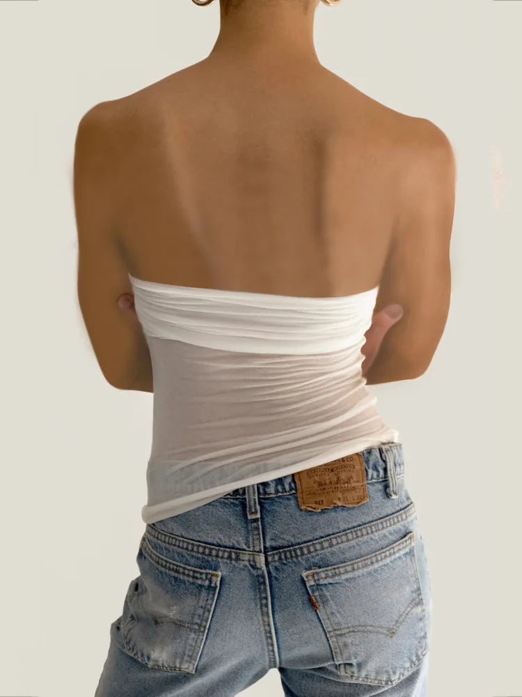 See Through Mesh Strapless Bustier Off-shoulder Sleeveless Knit Cropped Cami Top