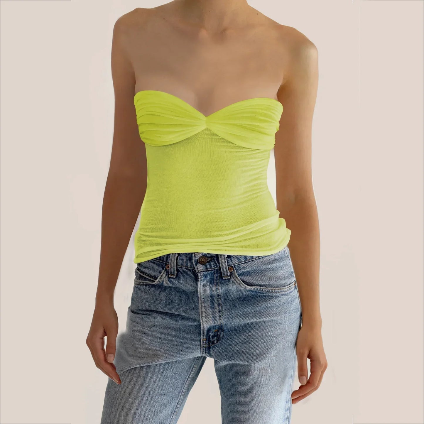 See Through Mesh Strapless Bustier Off-shoulder Sleeveless Knit Cropped Cami Top