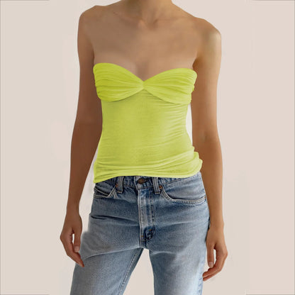 See Through Mesh Strapless Bustier Off-shoulder Sleeveless Knit Cropped Cami Top
