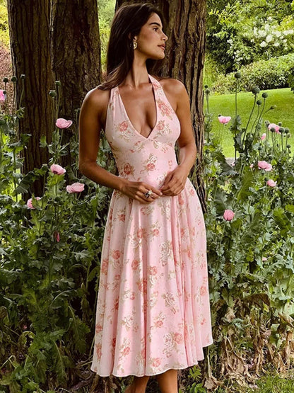 Sexy Print Deep V-neck Sleeveless Backless Neck-mounted Dress Women Slim High Waist Birthday Party Dress Femme Outfits