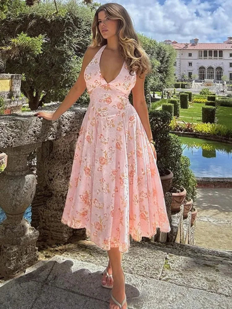 Sexy Print Deep V-neck Sleeveless Backless Neck-mounted Dress Women Slim High Waist Birthday Party Dress Femme Outfits