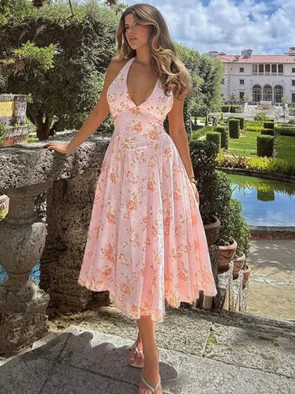 Sexy Print Deep V-neck Sleeveless Backless Neck-mounted Dress Women Slim High Waist Birthday Party Dress Femme Outfits