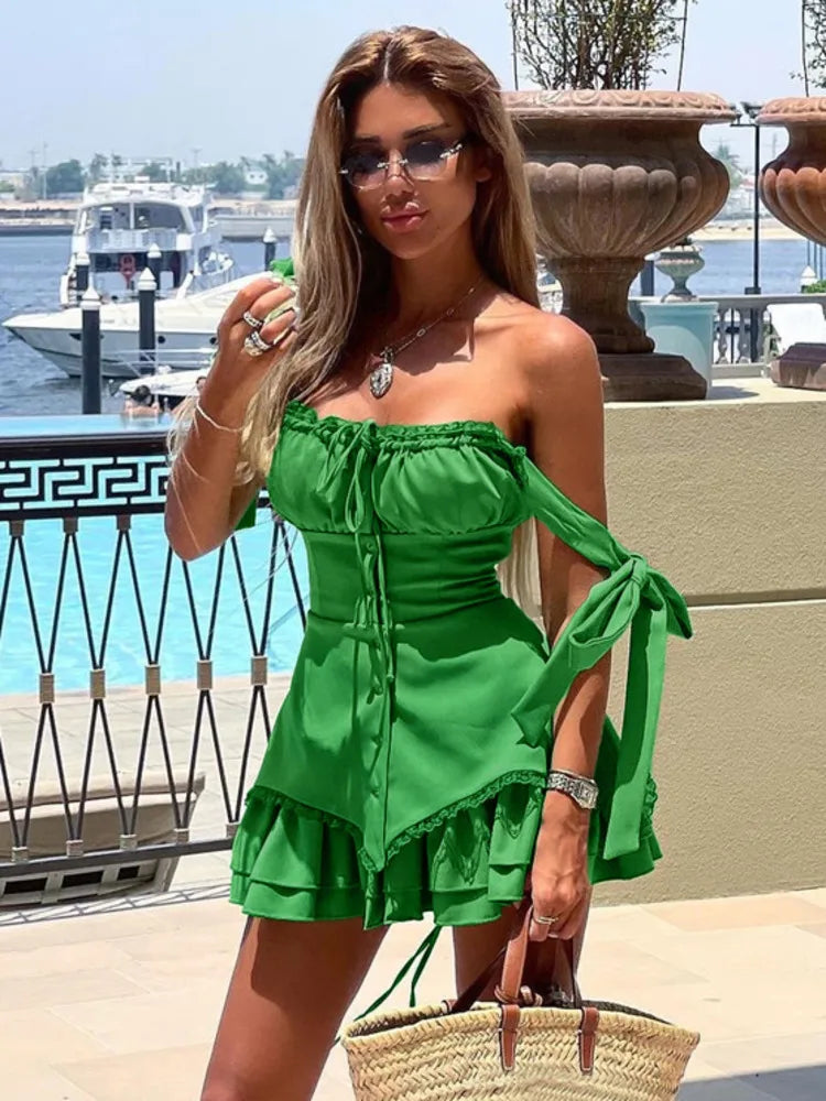 Sleeveless Ruffled Sexy Mini Dress For Women Robe Spaghetti Strap Backless Lace-up Bodycon Dress Elegant Clubwear