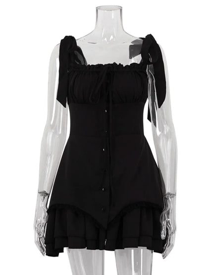 Sleeveless Ruffled Sexy Mini Dress For Women Robe Spaghetti Strap Backless Lace-up Bodycon Dress Elegant Clubwear