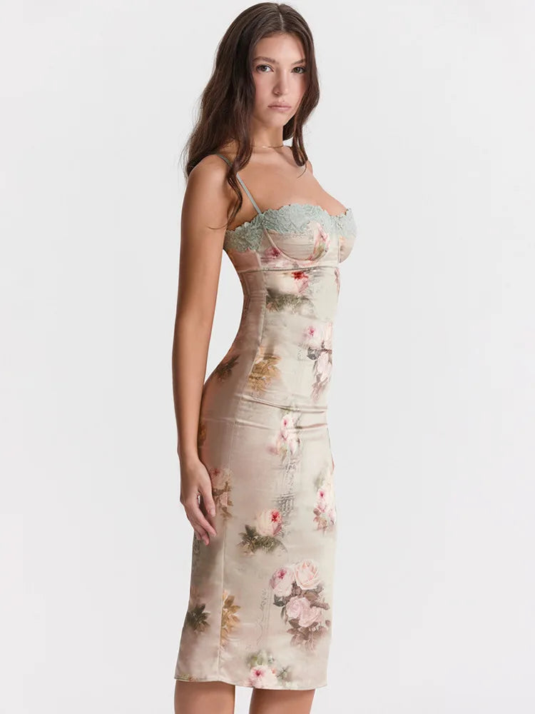 FashionSierra - Spaghetti Strap Lace Print Midi Dress Backless Club Party Floral Dress