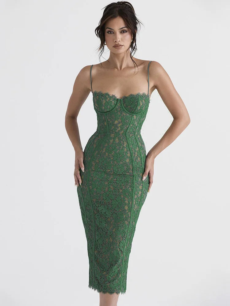 DressBetty - 2024 Spaghetti Strap Lace Sexy Green Floral Dress