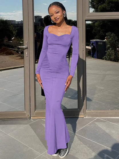 Square Collar Long Sleeve Sexy Long Dress For Women Gown Fashion Elegant Autumn Solid Bodycon Maxi Dress Clubwear
