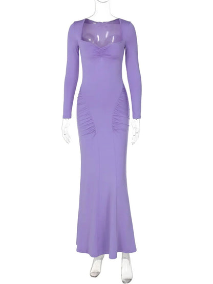 Square Collar Long Sleeve Sexy Long Dress For Women Gown Fashion Elegant Autumn Solid Bodycon Maxi Dress Clubwear