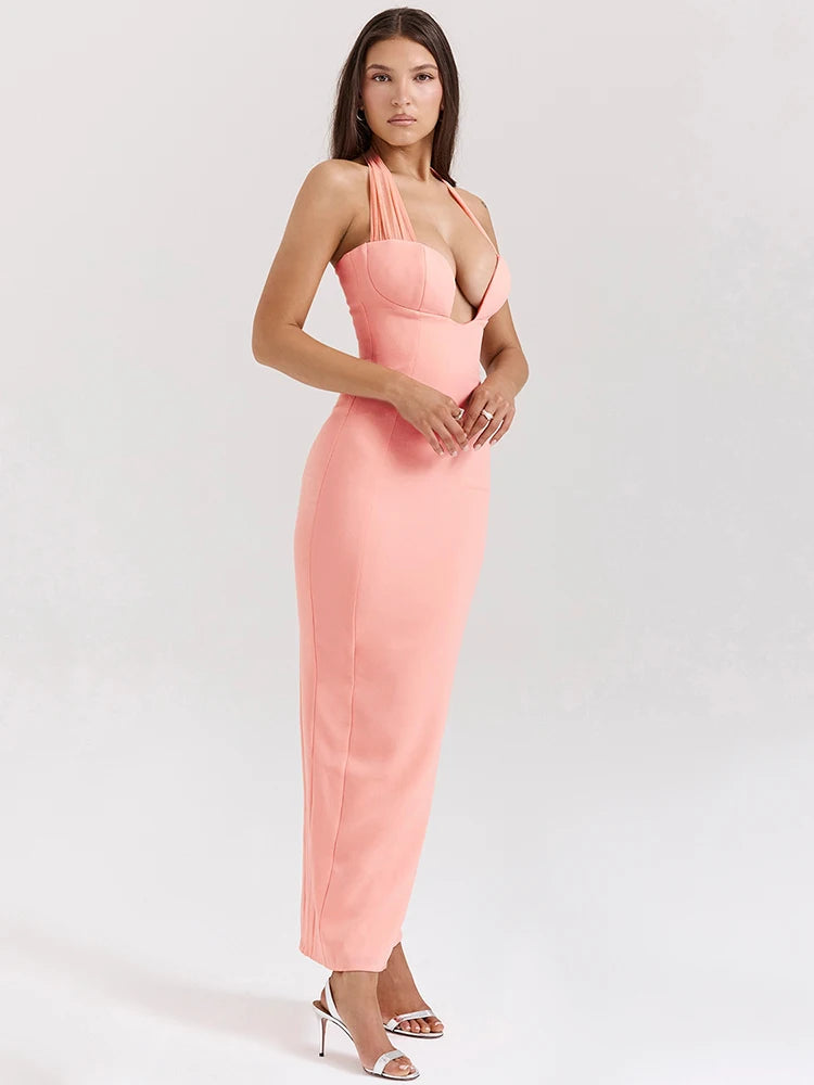 Strapless Halter Sexy Maxi Dress For Women Fashion Cut Out Sleeveless Backless Bodycon Club Party Long Dress Elegant