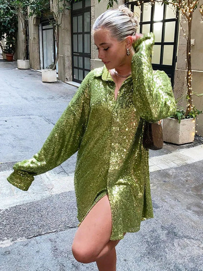 Turn-down Collar Silk Elegant Long Sleeve Loose Fashion Casual Streetwear Vestido Blouse