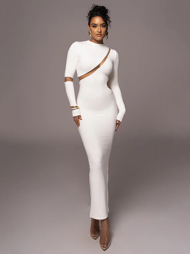 Turtleneck Long Sleeve Bodycon Maxi Dress For Women Autumn New Patchwork Hollow Out Club Party Sexy Long Dress Vestidos