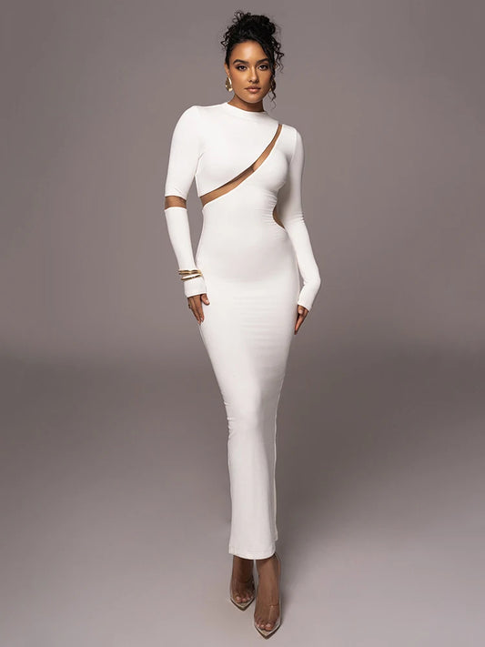 Turtleneck Long Sleeve Bodycon Maxi Dress For Women Autumn New Patchwork Hollow Out Club Party Sexy Long Dress Vestidos