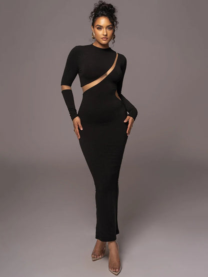 Turtleneck Long Sleeve Bodycon Maxi Dress For Women Autumn New Patchwork Hollow Out Club Party Sexy Long Dress Vestidos