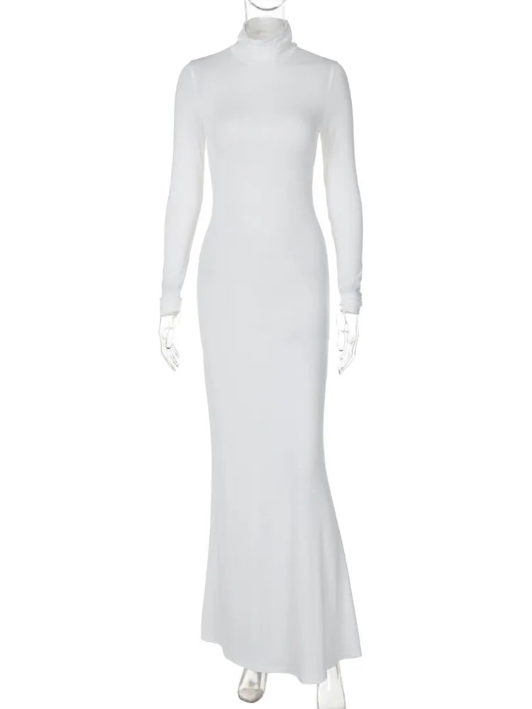 Turtleneck Long Sleeve Maxi Dress Women Gown Autumn Winter New Solid Sexy Long Dress Femme Fashion Floor-length Dress