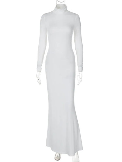 Turtleneck Long Sleeve Maxi Dress Women Gown Autumn Winter New Solid Sexy Long Dress Femme Fashion Floor-length Dress