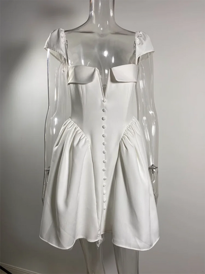 White Backless Sexy Mini Dress For Women Fashion Square Collar Short Sleeve High Waist A-line Club Party Sexy Dress