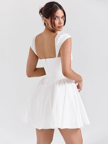 White Backless Sexy Mini Dress For Women Fashion Square Collar Short Sleeve High Waist A-line Club Party Sexy Dress